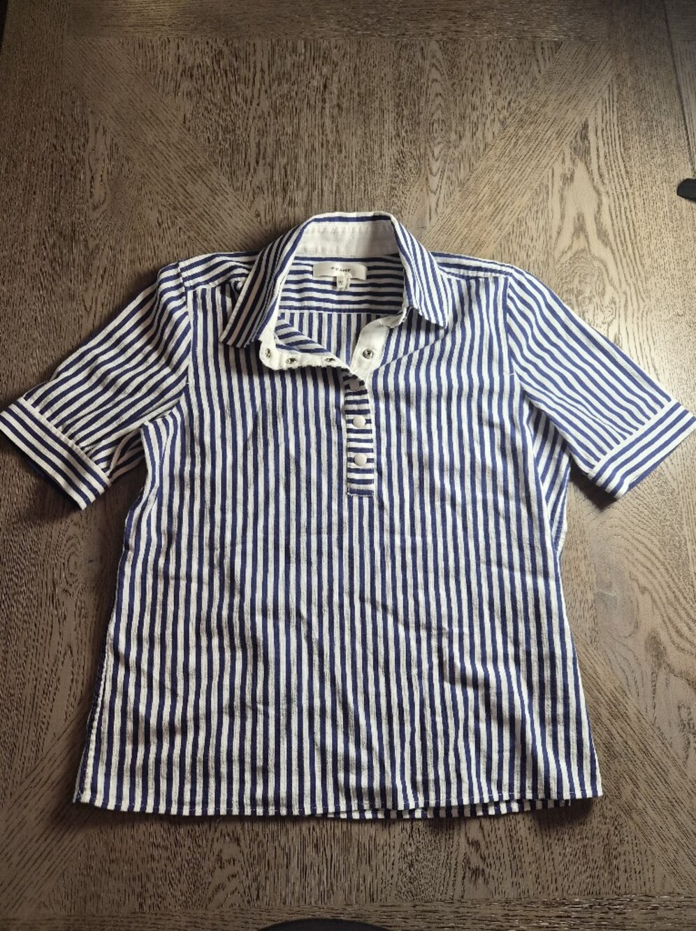 Frame Denim Blue and White Striped Polo Shirt